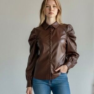 7 For All Mankind Women's Brown Shacket Size S Faux Leather Puff Long Sleeve NWT